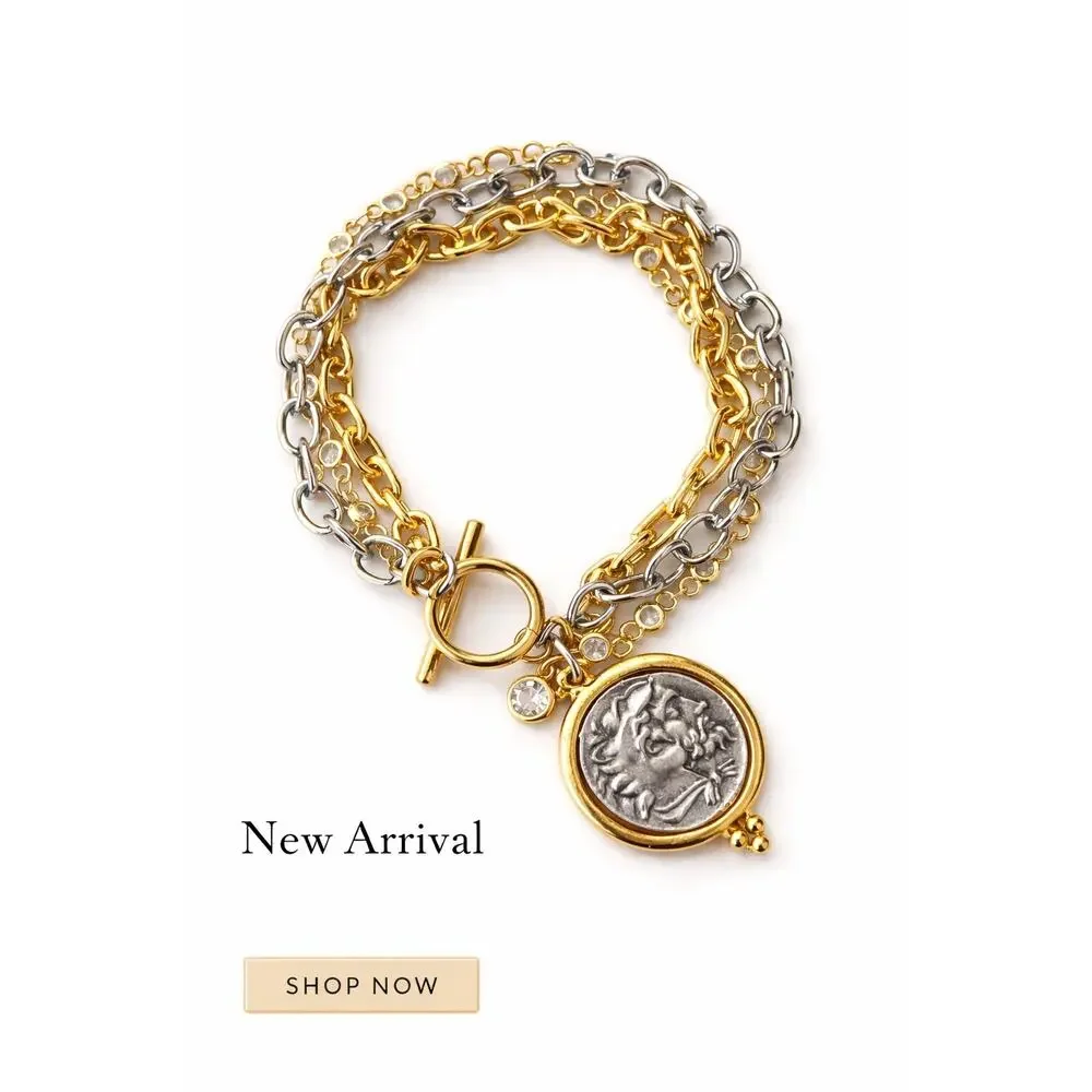 Triple Layer Greek Coin Bracelet, Horse Coin Charm, Mixed Metal Bracelet - Picture 2 of 9